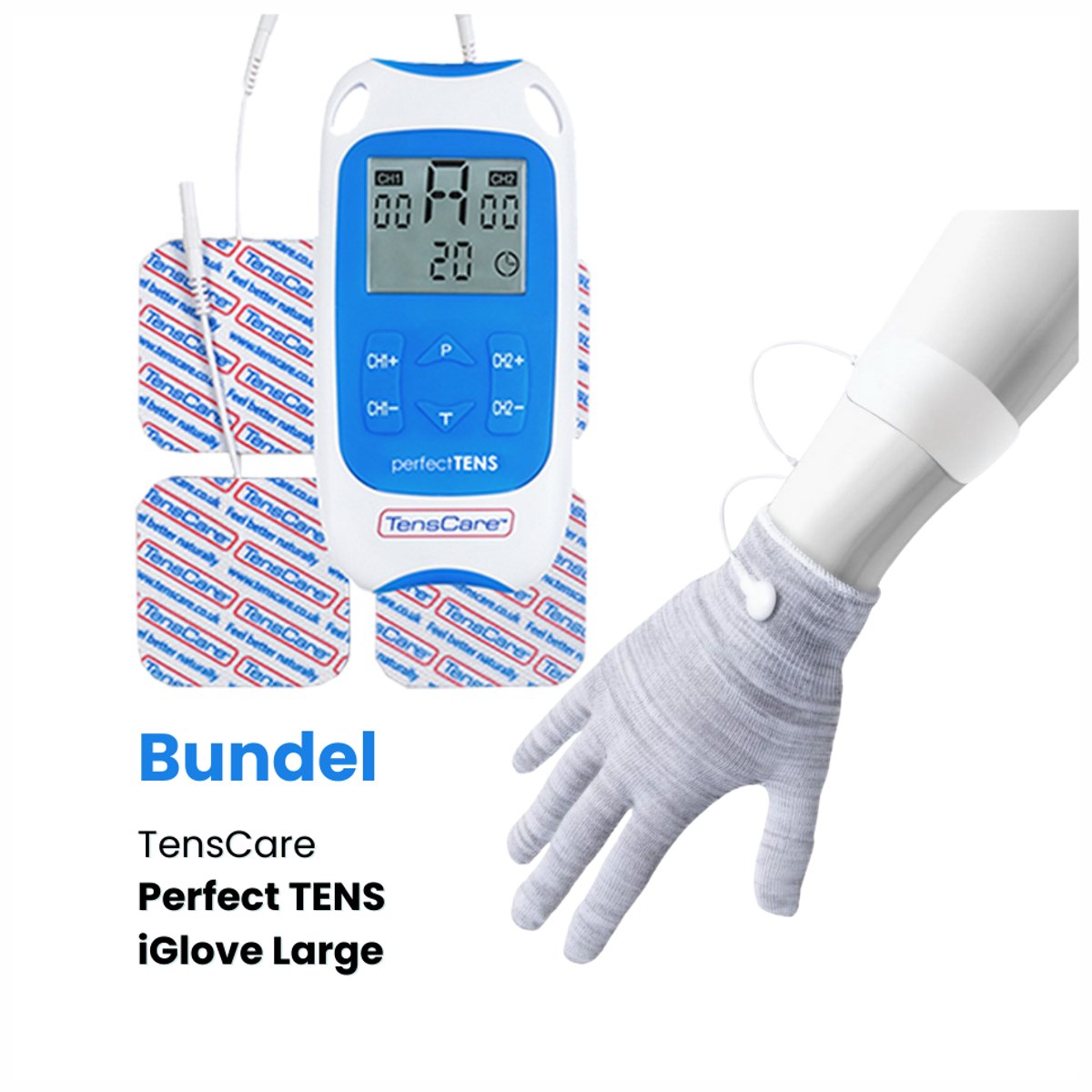 TensCare - Bundel Perfect TENS + iGlove Large | TENS apparaat | Pijnverlichting | Elektrodentherapie | TENS/EMS Handschoen voor Hand- & Polspijn – Artritis & Carpaal Tunnel Therapie | Wasbaar & Herbruikbaar | tens handschoen elektrode |