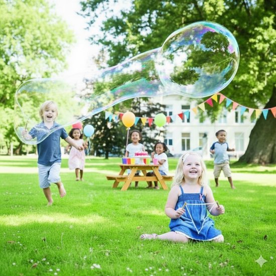Kinderen maken in de tuin reuze zeepbellen met houten stokken en touw. Er is een picknicktafel met taart en slingers.
