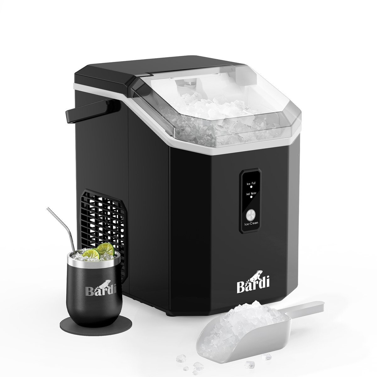 Bardi – Nugget ijsblokjesmachine Square – 1,1 L – Met Luxe Thermosbeker – Zwart