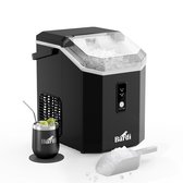 Zwarte Bardi ijsblokjesmachine naast een beker en schep gevuld met ijs. Op de machine staan indicatielampjes en het logo.