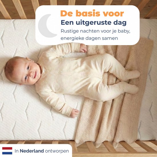 Baby in lichte pyjama ligt op matras. Tekst: De basis voor een uitgeruste dag.