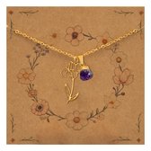 Bixorp Geboortebloem + Geboortesteen Ketting Februari - Iris & Amethist - Goudkleurig Stainless Steel - Bloem & Ruwe Edelsteen Hanger - 45+5cm