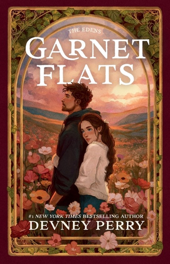 Couverture du livre "Garnet Flats" de Devney Perry, montrant un couple dans un champ de fleurs, avec le texte "THE EDENS" et "#1 NEW YORK TIMES BESTSELLING AUTHOR".