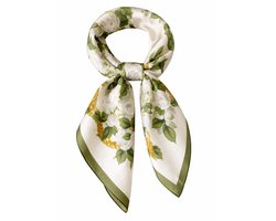 Dames Haarsjaal - Neksjaal - Vierkant 70x70 cm - Witte Rozen met Gouden Kettingmotief - Groen - Off-white - Feestsjaal - Gebloemde sjaal