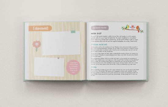 Een zwangerschapsdagboek met plek voor een foto en tekst over de eerste trimester.