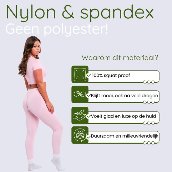 Roze sportlegging van nylon & spandex. 100% squat proof, blijft mooi, voelt glad en is duurzaam. Vrouw met sportlegging en crop top.