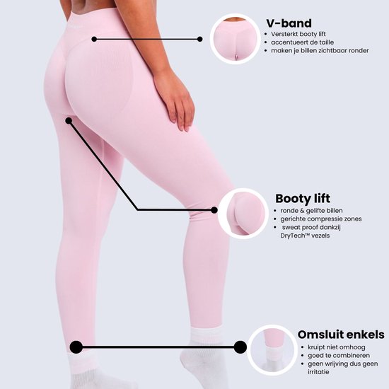 Roze sportlegging met V-band voor een booty lift. Accentueert de taille. Gerichte compressie zones en sweat proof dankzij DryTech™ vezels.
