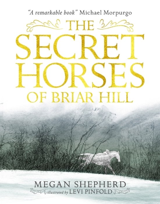 Couverture du livre 'The Secret Horses of Briar Hill' avec titre doré et illustration d'un cheval dans une forêt brumeuse.