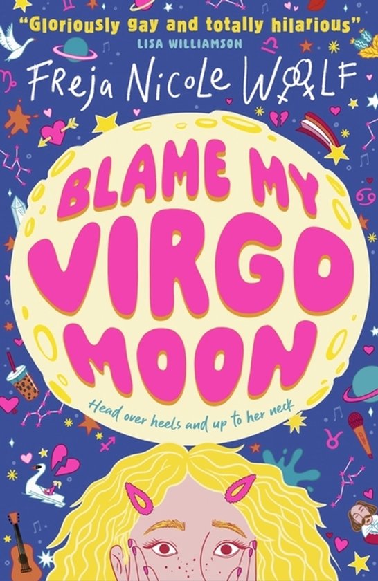 Boekomslag met de titel 'Blame My Virgo Moon' in grote roze letters, omringd door astrologische symbolen en illustraties op een blauwe achtergrond.