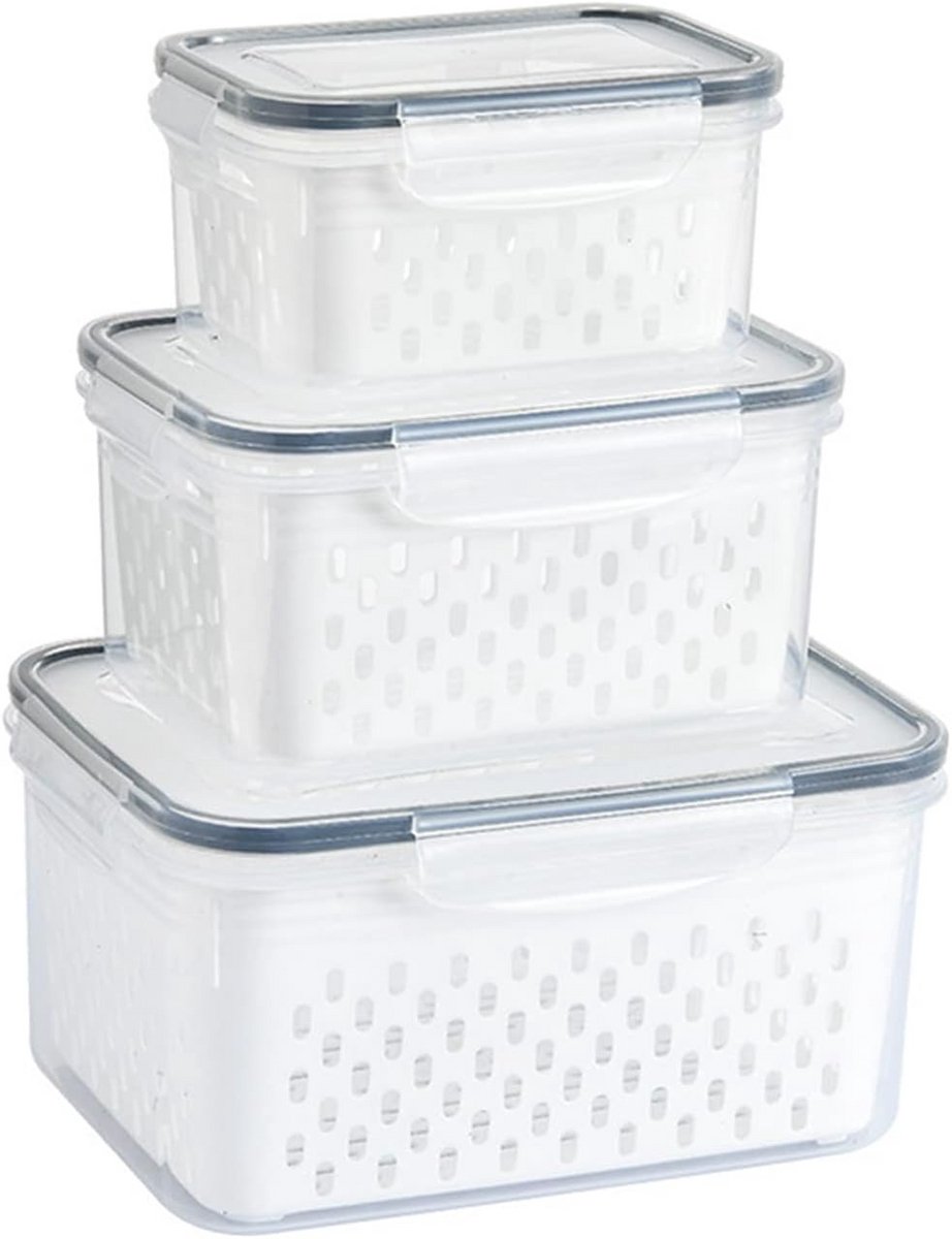 3x Opslagcontainers Koelkast met Afvoer Mand - Fruit en Groente Bewaarbakken