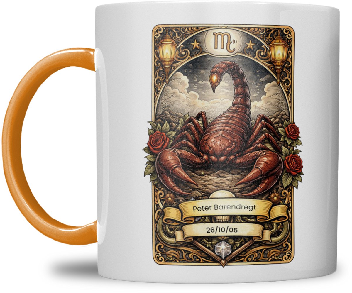 Sterrenbeeld mok - Schorpioen - Oranje - Tarot mok - Gepersonaliseerd met naam en datum