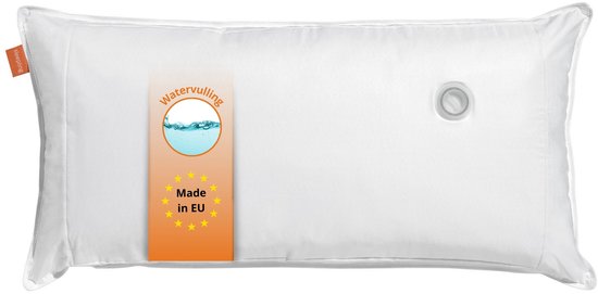 Wit rechthoekig kussen met een waterkleurige sticker met 'WaterVulling' en sterren. Met een rond ventiel.