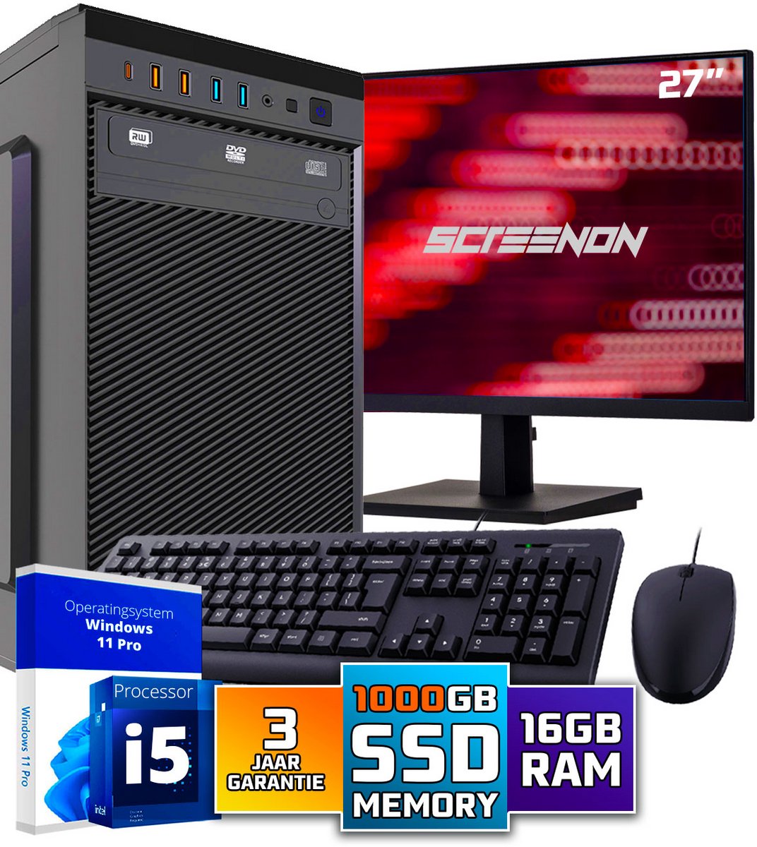Intel Compleet PC SET | Intel Core i5 | 16 GB DDR4 | 1 TB SSD + 27 Inch Monitor + Muis + Toetsenbord | Windows 11 Pro + WiFi & Bluetooth