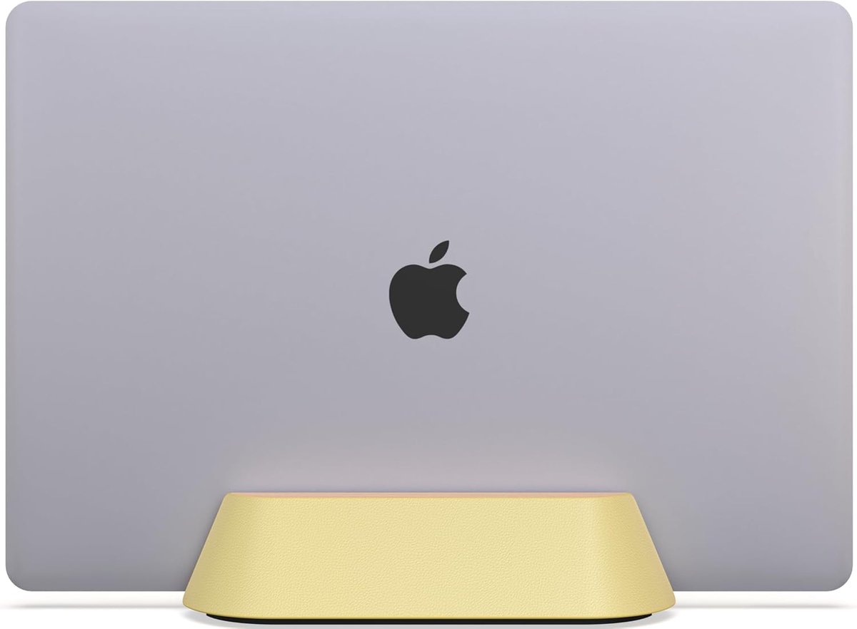 Famanu - Verticale laptopstandaard voor bureau, verstelbare verticale laptophouder, natuurlijk hout en zacht geel synthetisch materiaal desktop-dock voor laptop Pro, laptop, laptop en meer (1 cm - 3,8 cm)