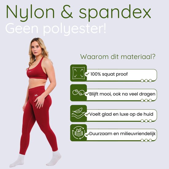 Vrouw in rode sportset. Links: informatie over nylon & spandex. Rechts: "Waarom dit materiaal?" met voordelen.