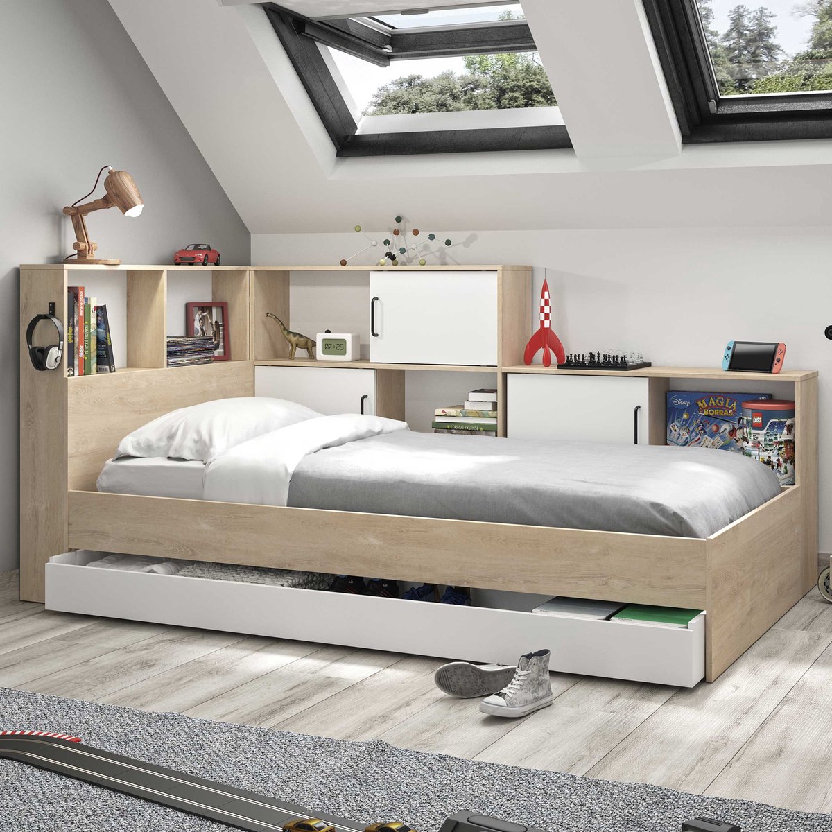 Gautier Diagone Tienerbed Erwan met opbergruimte en laden - 90 x 200 cm - Kleur: wit en eik Natuurlijk licht