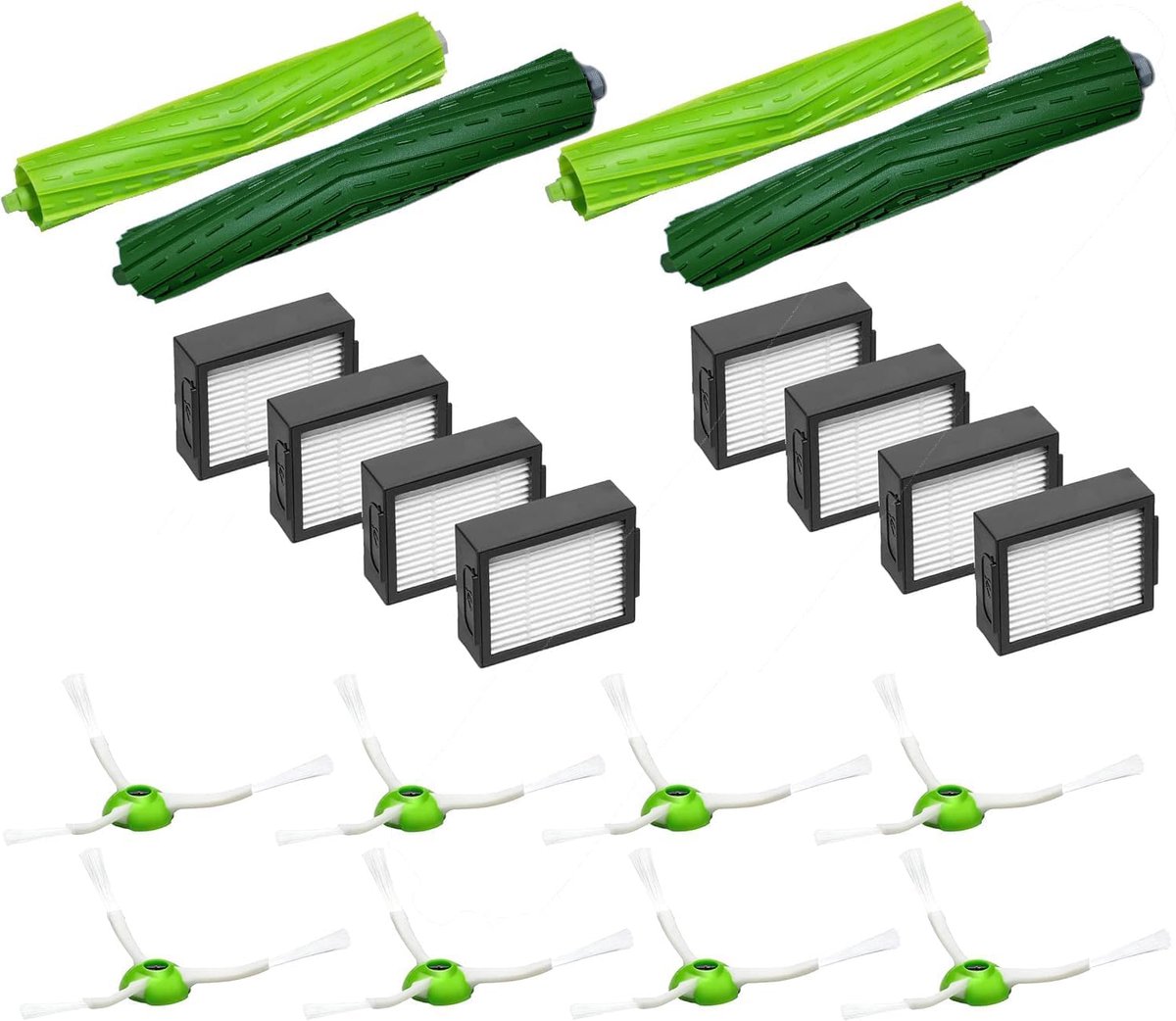 20 Stuks Accessoires geschikt voor iRobot Roomba i3 i3+ i4 i6 i6+ i7 i7+ i8 i8+/Plus E5 E6 E7 J7 - 2 sets centrale rollen, 8x Filters, 8x zijborstels