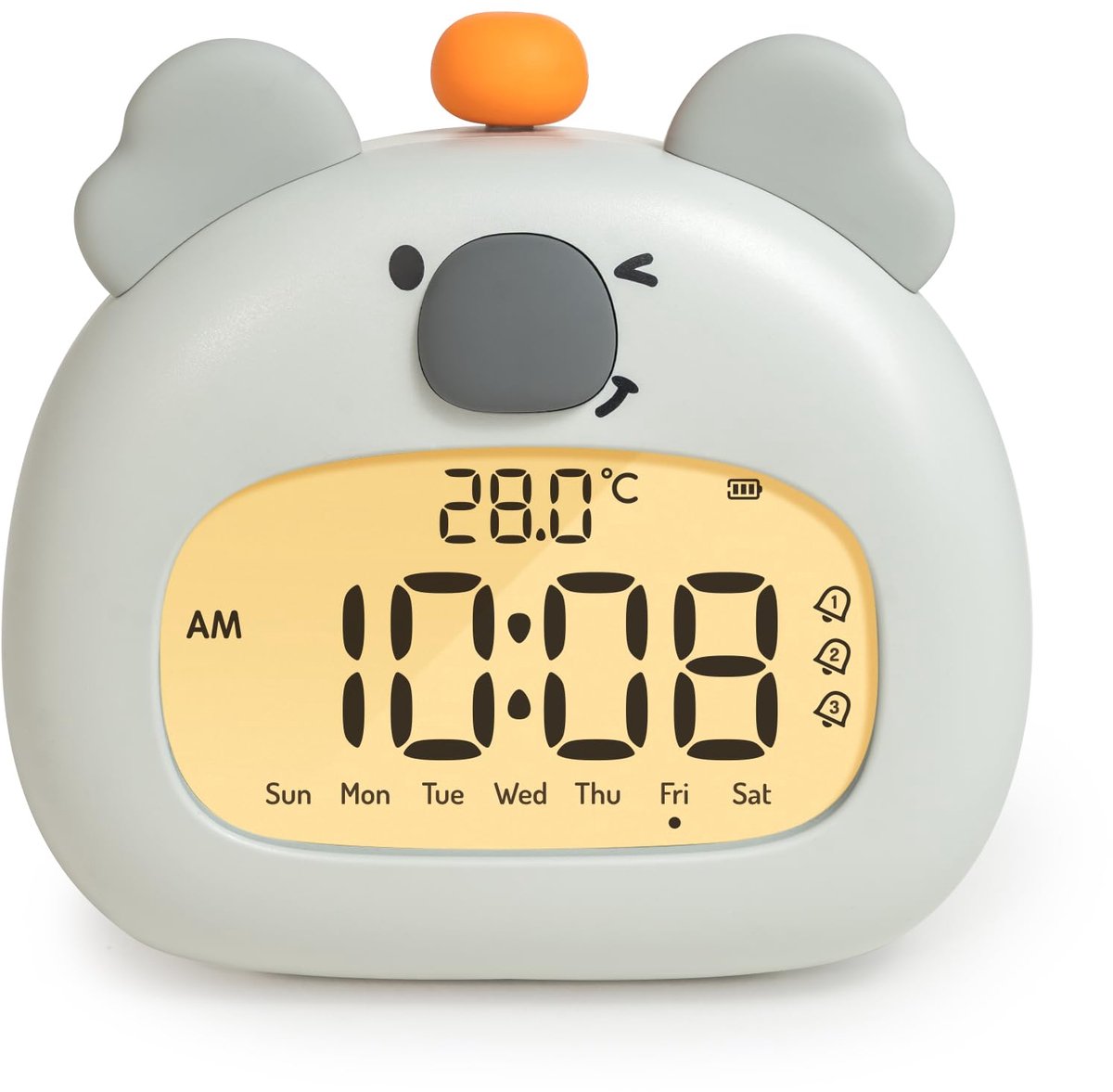 Ynkkvre - Kinderwekker in de vorm van een koala met nachtlampje - 8 cm LED digitaal display, drie alarmen en datumweergave - 1 stuk - Kinderkamerdecoratie, grijs