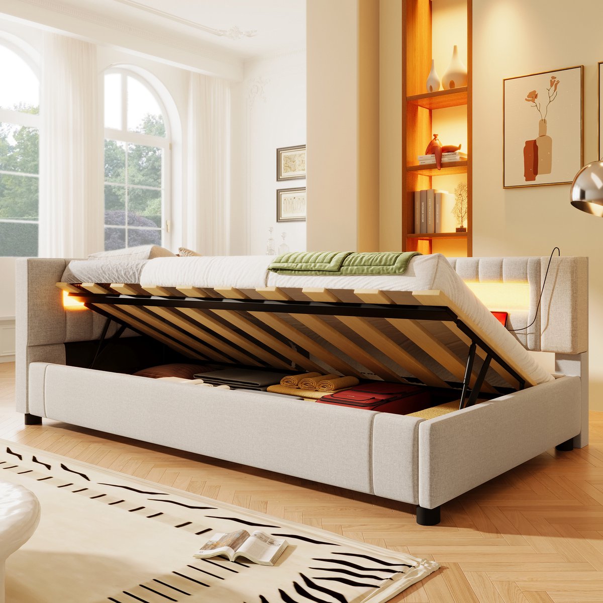 REDOM opbergbed 90x200 cm – Linnen beige – Hydraulisch – LED (afstandsbediening, 7 kleuren) – USB & Type-C – 150 kg