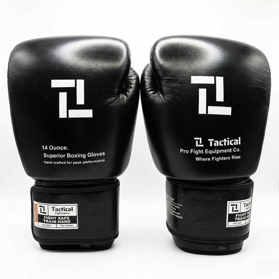Paar zwarte 14oz bokshandschoenen met witte logo's en tekst. "14 Ounce. Superior Boxing Gloves. Hand crafted for peak performance."