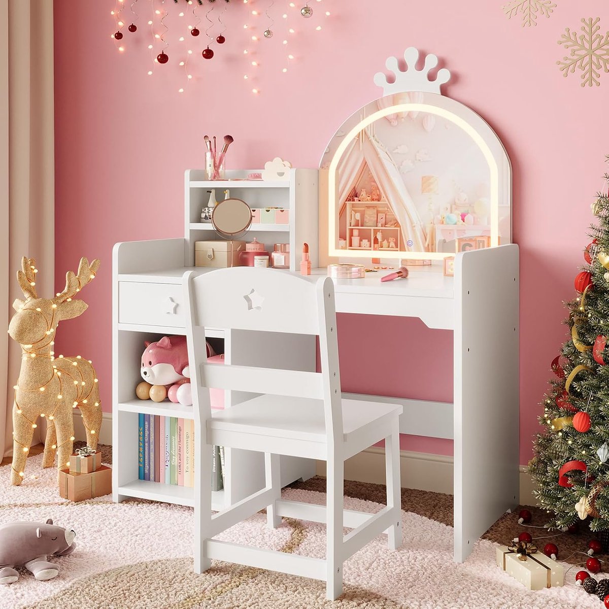 Kinder Kaptafel met Spiegel en Licht - Witte Houten Kaptafel met Stoel, Lade & Open Planken, Prinsessen Make‑up Tafel voor Meisjes