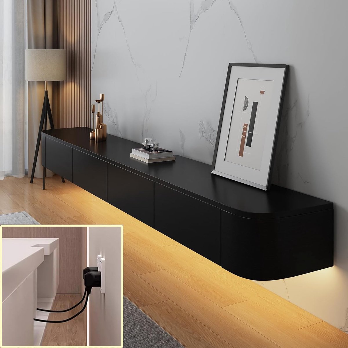 TV-meubel drijvend wandmontage 140x24x20 cm met LED verlichting en grote opbergruimte – mi