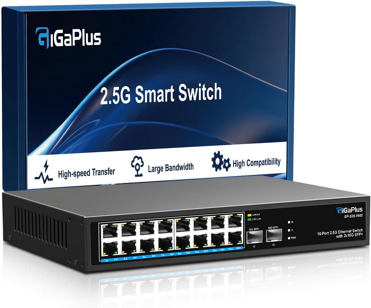 2.5Gbps Onbeheerde 18-Poorts Netwerkswitch met 16x 2.5G RJ45 en 2x 10G SFP+ Poorten