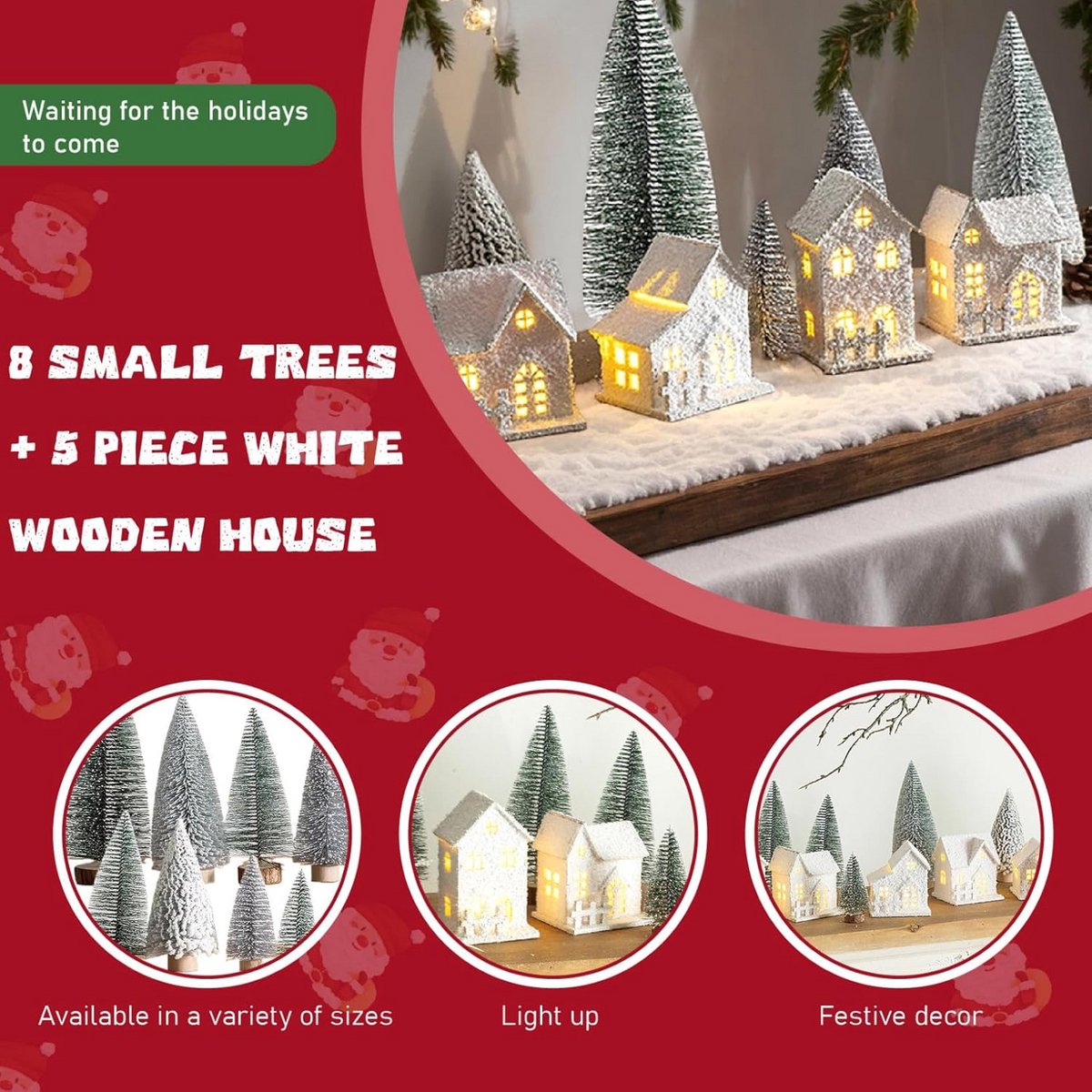 Verlichte Kerstboerderij Set Wit - Houten Dorp met 8 Bomen Decoratie voor Tafel of Plank – foto 4