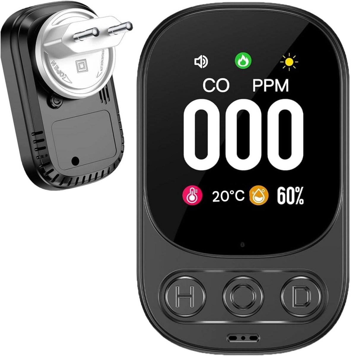 GELLDG Koolmonoxidemelder - 3-in-1 - met temperatuursensor - draagbaar - stekkerbaar koolmonoxidealarm - realtime koolmonoxidemonitor - geschikt voor woningen, appartementen en keukens - zwart