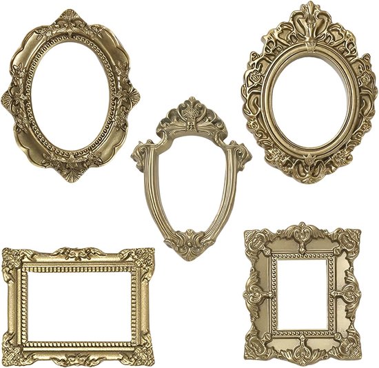 Cinq cadres photo dorés de style baroque avec différentes formes et ornements détaillés.