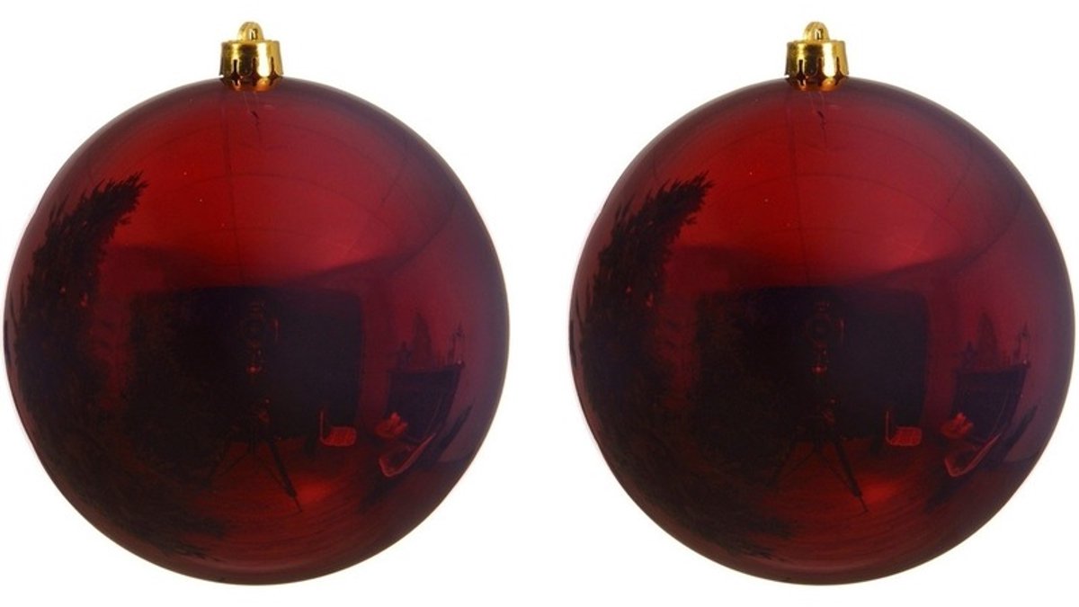 Decoris Kerstbal - 2x - donkerrood - groot - 14 cm - kunststof - glans - kerstversiering