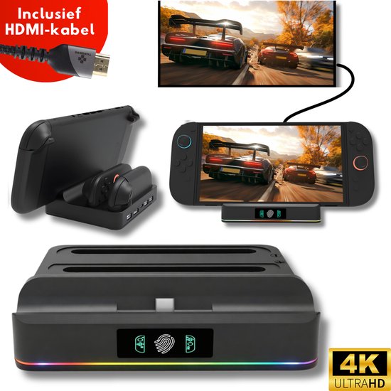 Zwart dockingstation met gameconsole en controllers, een tv met raceauto's, een HDMI-kabel en '4K ULTRA HD' logo.