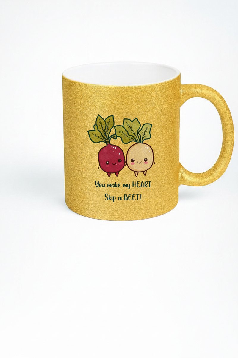 Gouden Glitter Mok 'You make my HEART Skip a BEET' - Liefdes Bietjes Cadeau Valentijn
