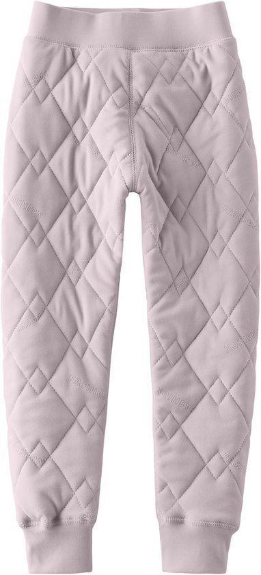 Lichtpaarse gewatteerde kinderlegging met diamantpatroon en subtiel ingeweven 'FASHION'-tekst.