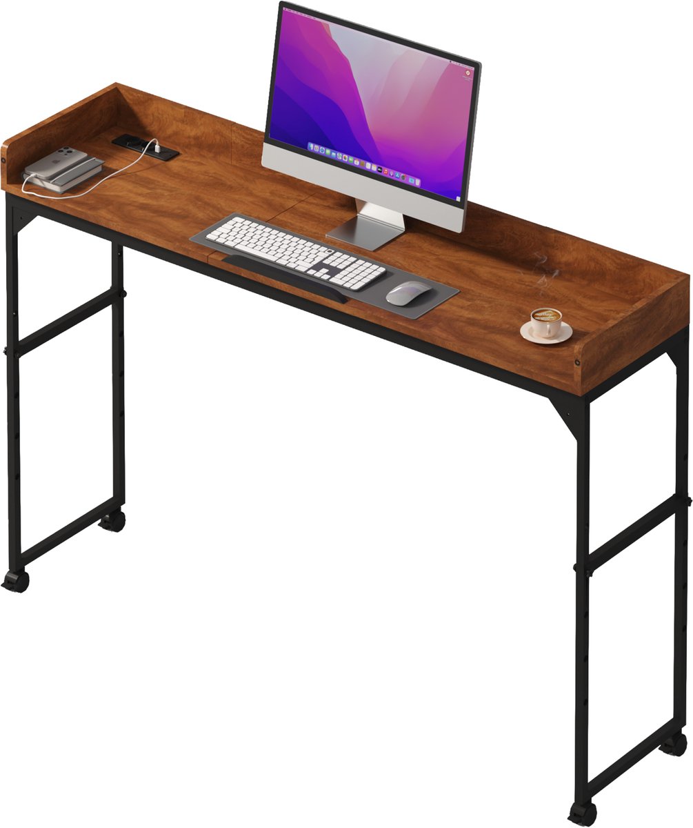 DreamDesk Verrijdbaar Bureau op Wielen Laptop & Werkbureau – Standing Desk - Bureaublad - Sta Bureau - Overbed tafel - Bed tafel - Past Over Bed - Bedtafeltje - Verstelbare tafel - 160 cm – Espresso Brown