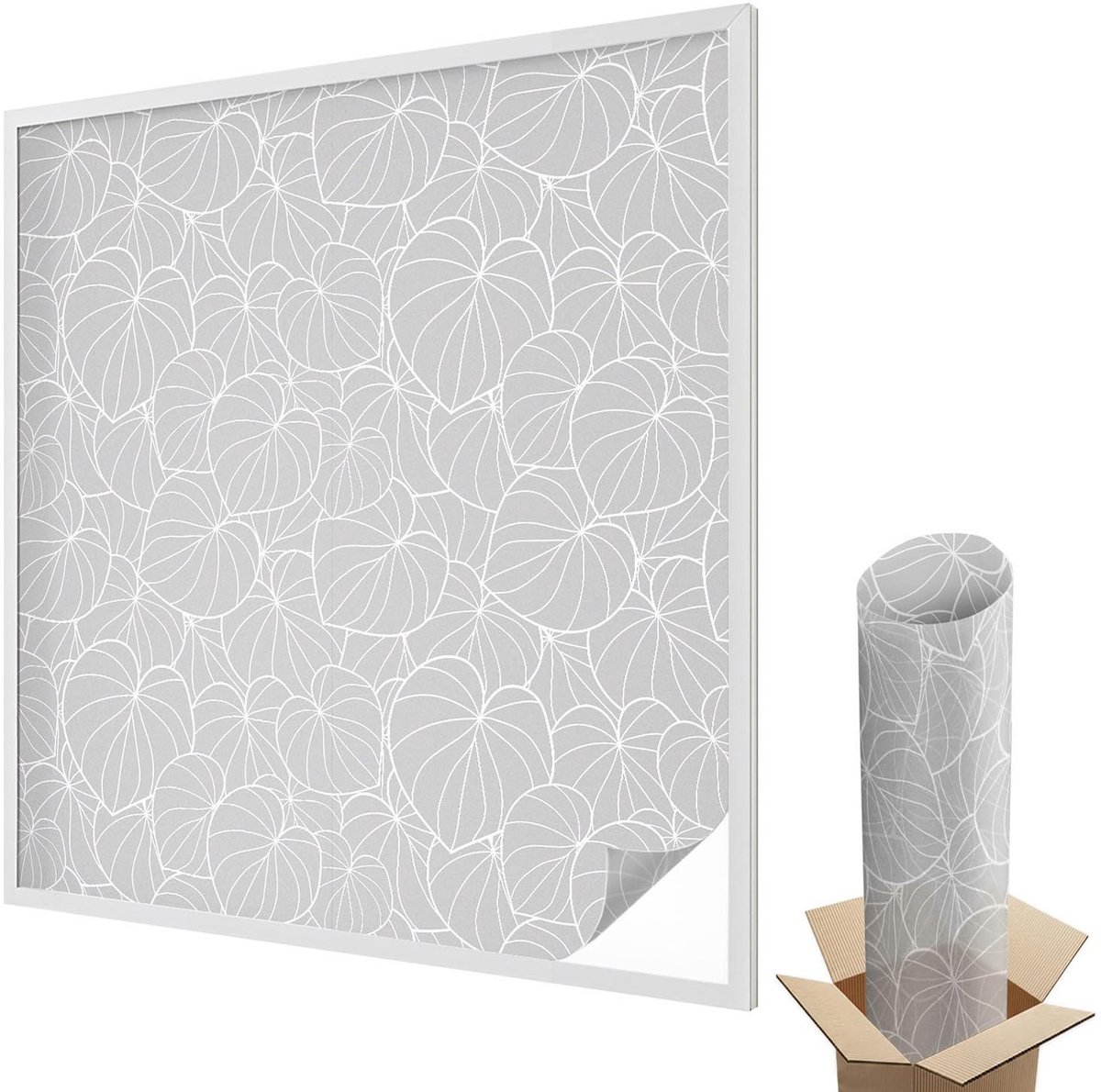 Wallfluent Glas in Lood Raamfolie - Bladrijke elegantie Raamfolie Glas in Lood - 100x100 cm - Grijs Zelfklevende Raamfolie Glas in Lood - Melkglas Folie met Glas in Lood Effect - Voor de woonkamer, voor het kantoor, voor de hal