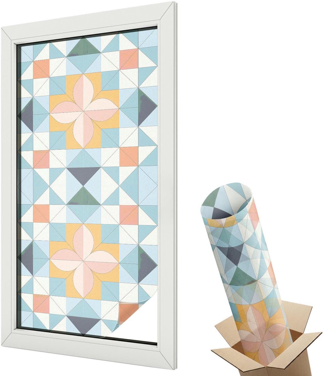 Wallfluent Glas in Lood Raamfolie - Kleurrijke geometrie Raamfolie Glas in Lood - 50x100 cm - Blauw Zelfklevende Raamfolie Glas in Lood - Melkglas Folie met Glas in Lood Effect - Voor de woonkamer, voor het kantoor, voor de hal