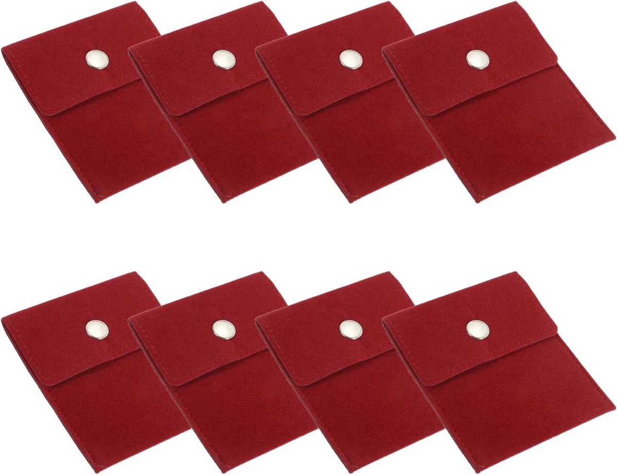 3.5 x 4 inch Jewelry Pouch - 8 Pcs Velvet Pouches - Snap Button Portable Storage Bag voor Sieraden - Eenvoudige Opbergtas voor Oorbellen, Armbanden, Kettingen, Ringen en Horloges - Rood