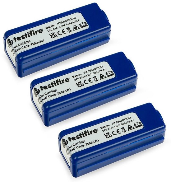 Drie blauwe Testifire rookcapsules naast elkaar, elk met witte tekst.