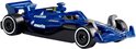 Donkerblauwe Formule 1 auto met witte accenten en 'Komatsu' logo.