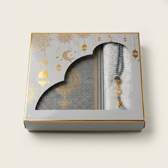 FIRASET Luxe Koran Set – Islamitisch Cadeau, QR Audio & Meertalige Vertaling (EN/FR/DE/TR/ES), Gebedskleed, Tasbih & Geschenkdoos – Zilver