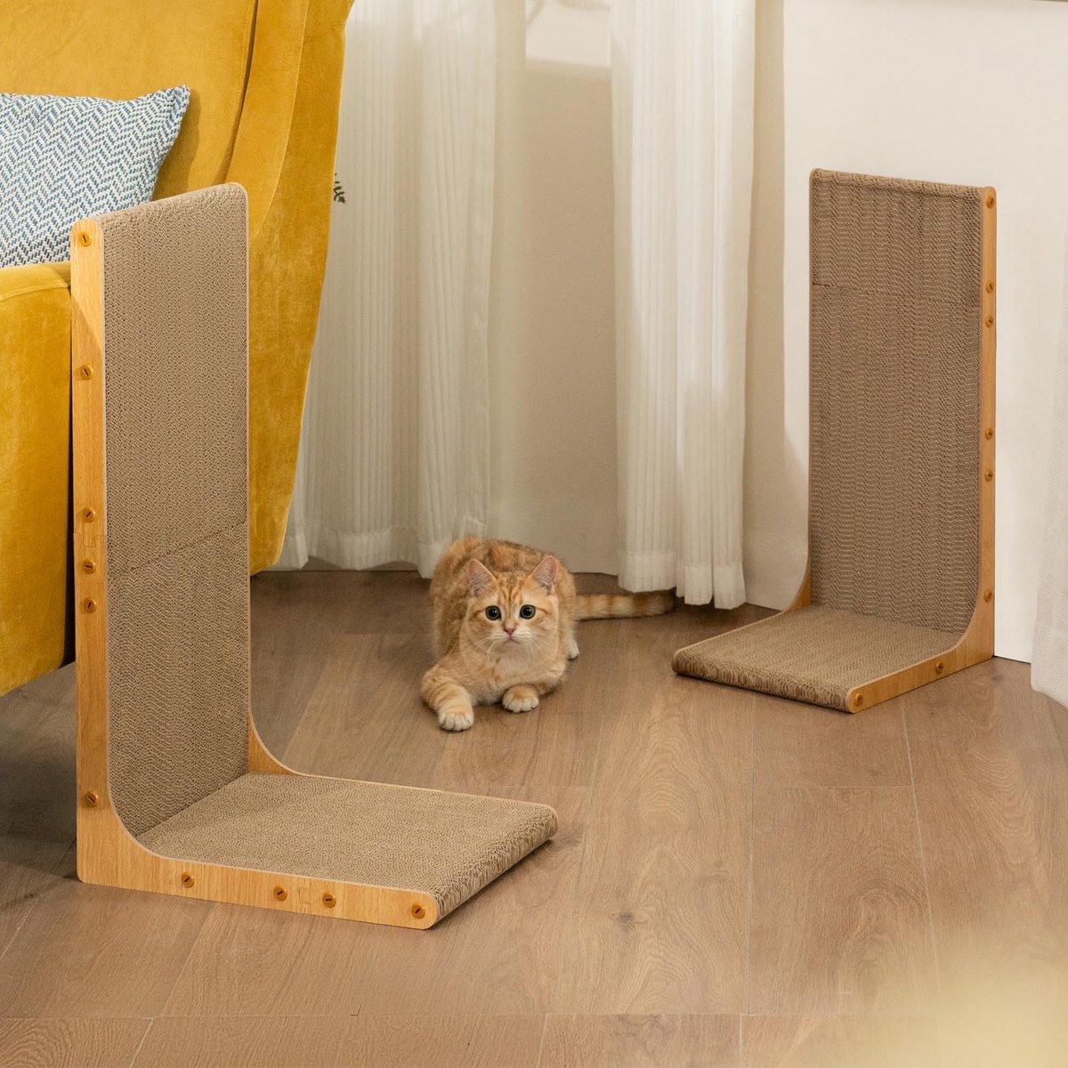 Krabpaal voor katten, 58 cm, L-vorm, wandmontage, verticale krabplaat, duurzaam karton ter bescherming van kattenmeubels binnenshuis, groot, houteffect – foto 4
