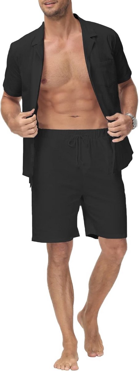 Linnen Set Heren Zomer: Korte Mouwen Shirt en Losse Lange Broek