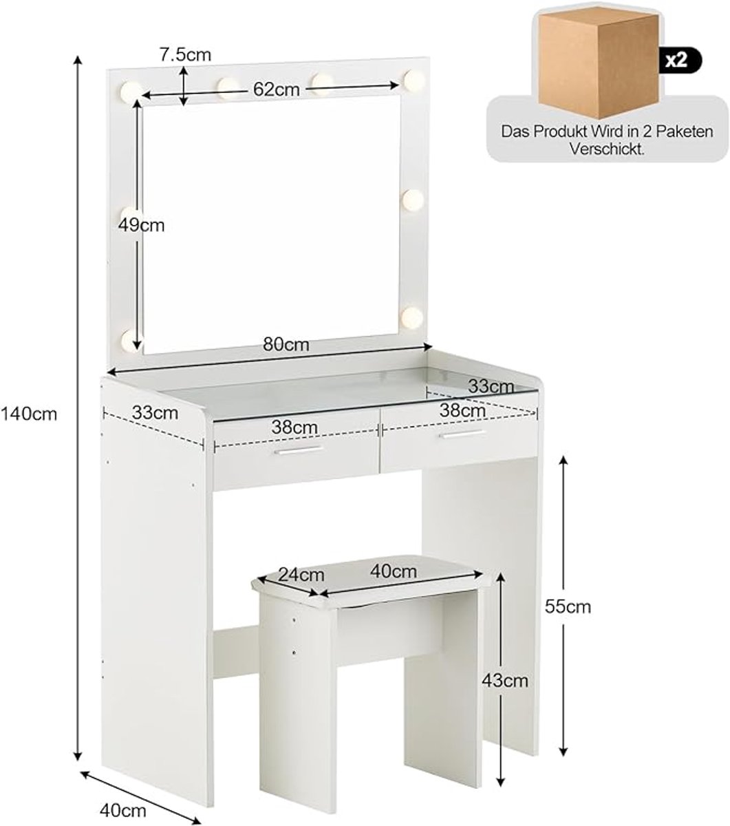 Make-uptafel met LED-verlichting 80 x 40 x 140 cm, Hollywood Spiegel, 2 Laden, Gehard Glas Tafelblad, Inclusief Kruk – Modern Design – Pauwhome