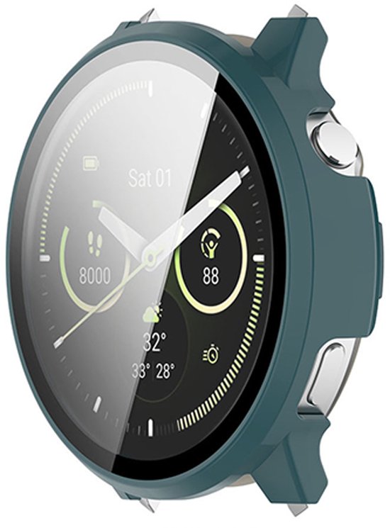 Groene smartwatch case met glazen scherm, zaterdag 1 weer en 8000 stappen.