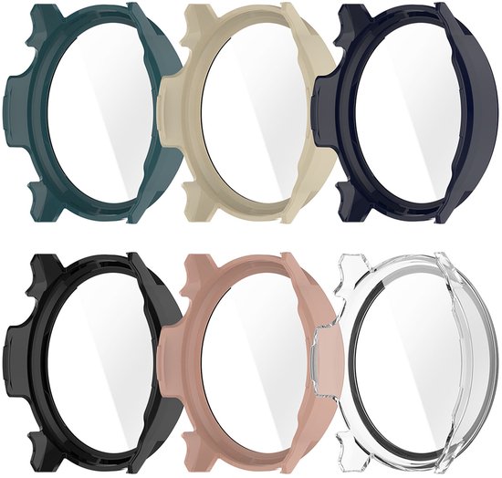 Zes smartwatch cases in de kleuren groen, beige, donkerblauw, zwart, roze en transparant.