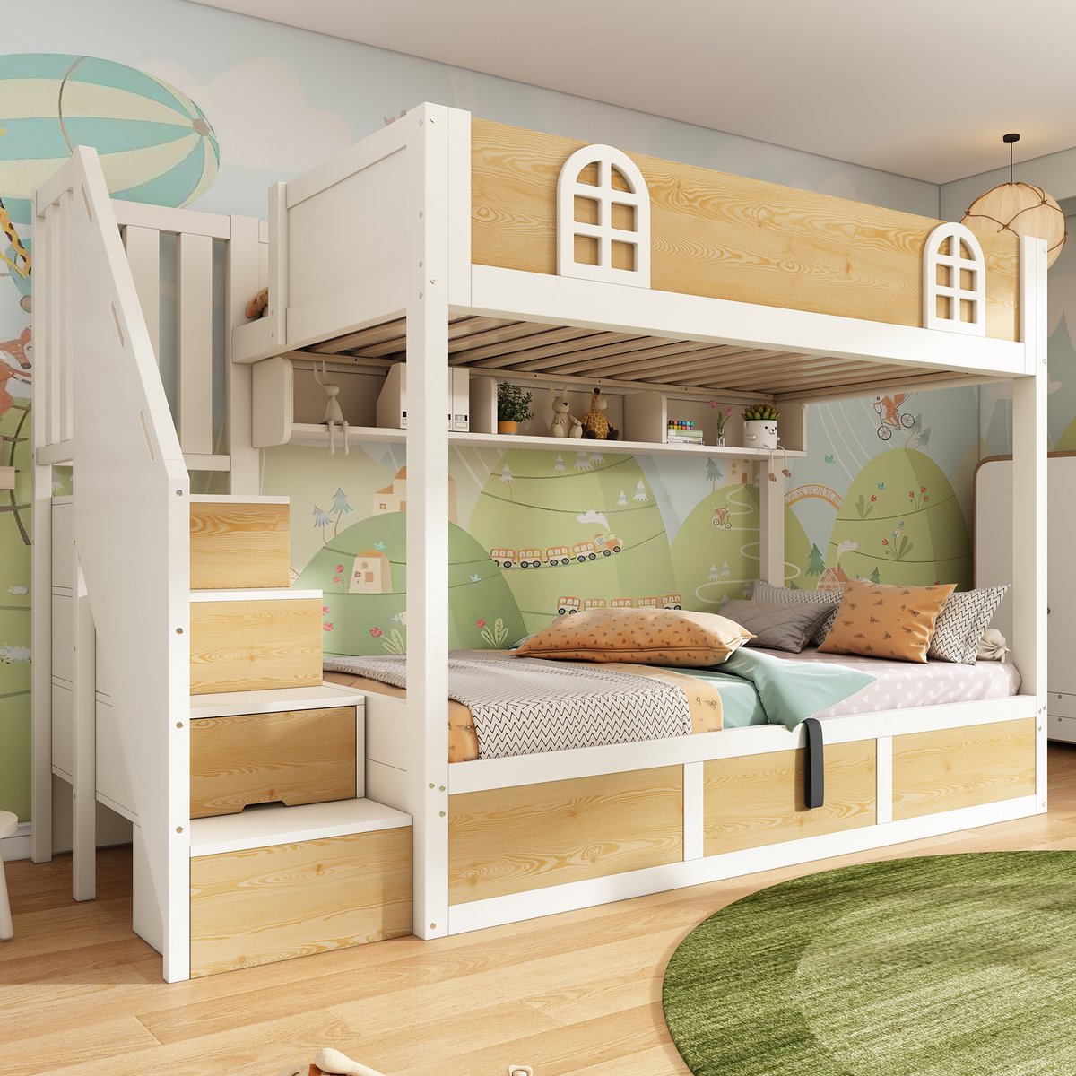 Zubaliya Bunkbed Met Lattenbodem & Trapkast - Veiligheidshekje Voor 2 Kinderen - Wit & Natuurlijk Houtkleur 90x200 cm witte