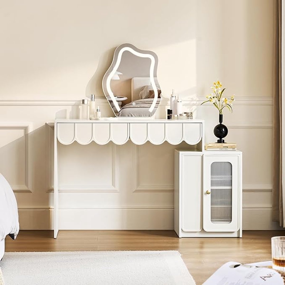 Make-uptafel met LED Spiegel 50,5×40,5×85 cm – 3-in-1 Kaptafel met Opbergruimte, Lade, Opbergkruk & Wieltjes, Dimbare Verlichting met 3 Lichtstanden, Compacte Schminktafel voor Kleine Ruimtes – Wit...