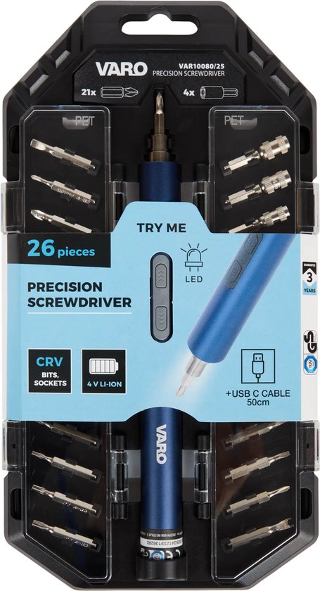 26-delige precisie elektrische schroevendraaierset met LED verlichting en USB-C kabel, Varo VAR10080/24