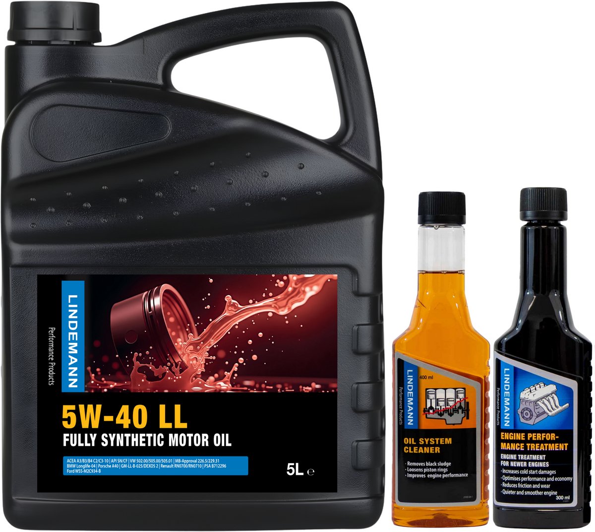 Lindemann Motorolie 5W40 - 5L + Oil System Cleaner (Motor Reiniger) - Engine Performance Treatment (Olie Additief) - Olieverversing Set en Bescherming
